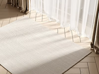 Light Beige Square Rug On Sunlit Wooden Floor With White Curtains 3d model