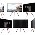 Curved and Flat Screen TVs on Red Tripod Stands with Scenic Display Features