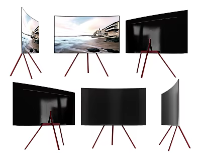 Curved and Flat Screen TVs on Red Tripod Stands with Scenic Display Features 3d model