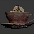 Creamy Dessert with Whipped Cream and Blackberry in Vintage Red Floral Teacup and Saucer