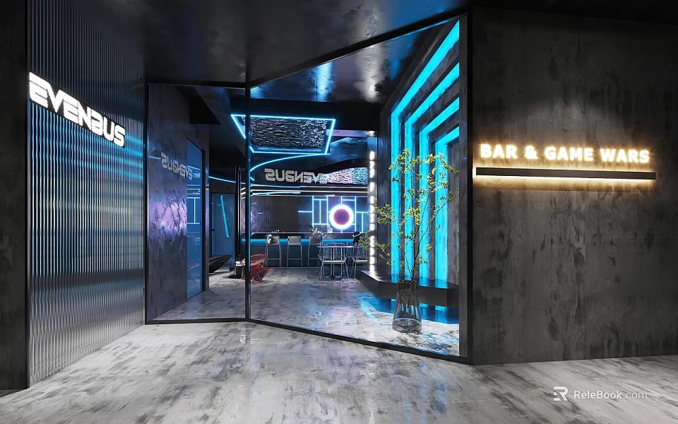 Modern Bar Interior With Neon Lights Game Area And Glass Doors 3d model 
