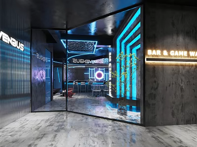Modern Bar Interior With Neon Lights Game Area And Glass Doors 3d model