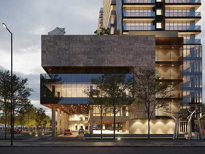 Modern Office Building With Stone Glass Facade Ground Floor Entrance Trees Street Lamps Evening View 3d model