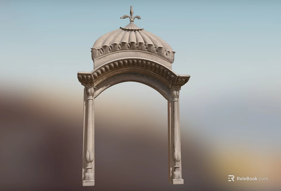 Classical Stone Entrance Gate With Arched Top Dome Cross And Ornate Columns 3d model 
