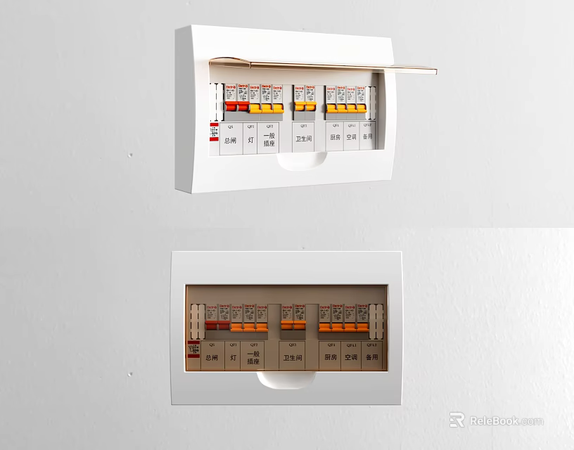 Industrial Electrical Distribution Box With Multiple Colored Circuit Breakers And Wall Mounted Design 3d model 