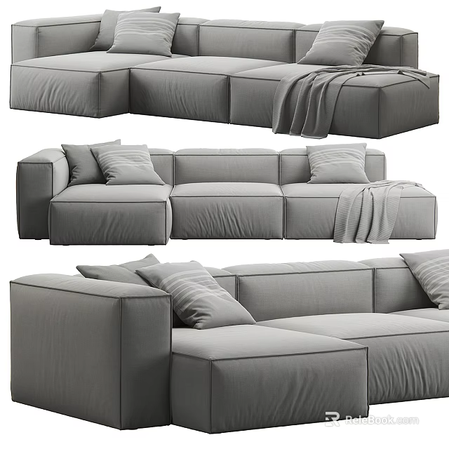 Modern Gray Sectional Sofa With Soft Cushions And Throw Blanket 3d model