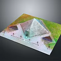 Detailed 3D Pyramid Model with Green Grass and Surrounding Structures on Platform