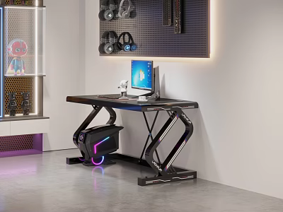 Modern Gaming Desk With Computer Monitor Headphones RGB Lighting And Wall 3d model