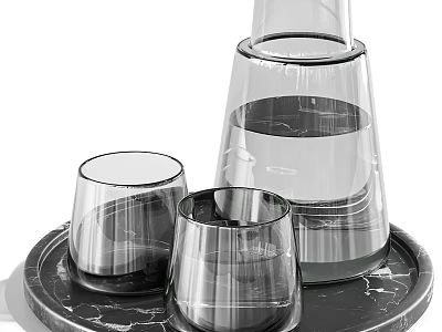 Elegant Clear Glass Cups Of Different Sizes On Marble Tray 3d model