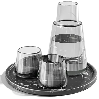 Elegant Clear Glass Cups Of Different Sizes On Marble Tray 3d model