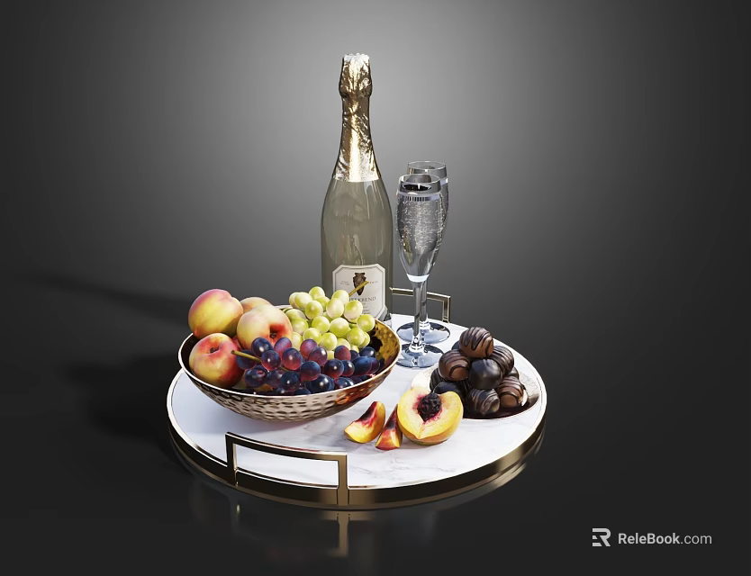 Assorted Fresh Fruits and Nuts Serving Platter with Champagne Bottle and Glass 3d model 