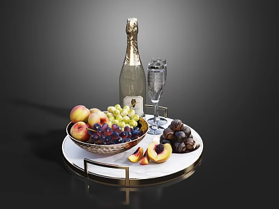 Assorted Fresh Fruits and Nuts Serving Platter with Champagne Bottle and Glass 3d model