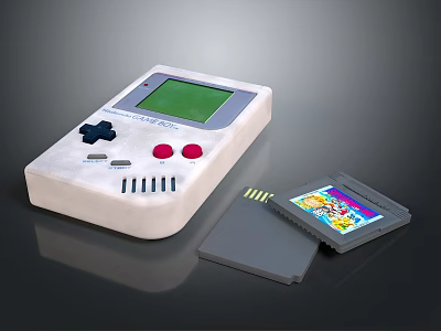 Portable Vintage Handheld Game Console with Classic Design and Game Cartridge 3d model