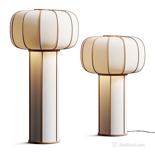Modern Elegant Floor Lamps With Beige Striped Linen Lampshade And Cylindrical Base Design 3d model 