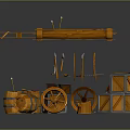 Household Supplies With Orange Barrels Wheels Crates Wooden Sticks And Tool Parts