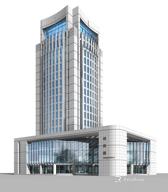 Modern Office Building With High Rise Structure Glass Curtain Walls Stone Exterior And Glass Entrance 3d model 