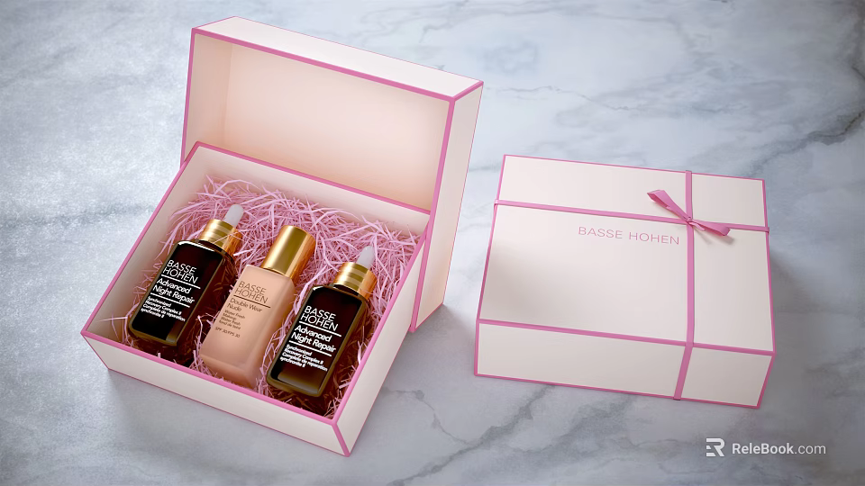 Open Pink Gift Box With Skincare Products Bottles And Ribbon Decorated Package Set 3d model 
