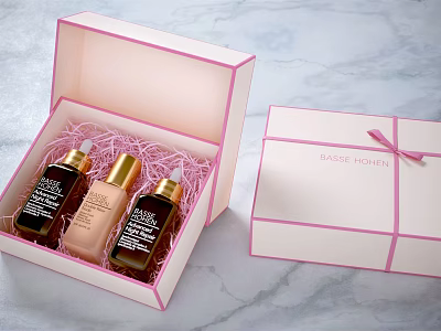 Open Pink Gift Box With Skincare Products Bottles And Ribbon Decorated Package Set 3d model