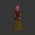 Red Haired Woman In Yellow Black Checkered Dress Standing Arms Crossed On Gray Background