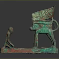 Ancient Bronze Ritual Vessel With Kneeling Figure And Animal Shaped Legs On Base