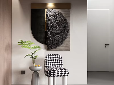 Modern Abstract Wall Decor with Textured Black Design Checkered Chair and Green Plant 3d model
