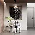 Modern Abstract Wall Decor with Textured Black Design Checkered Chair and Green Plant