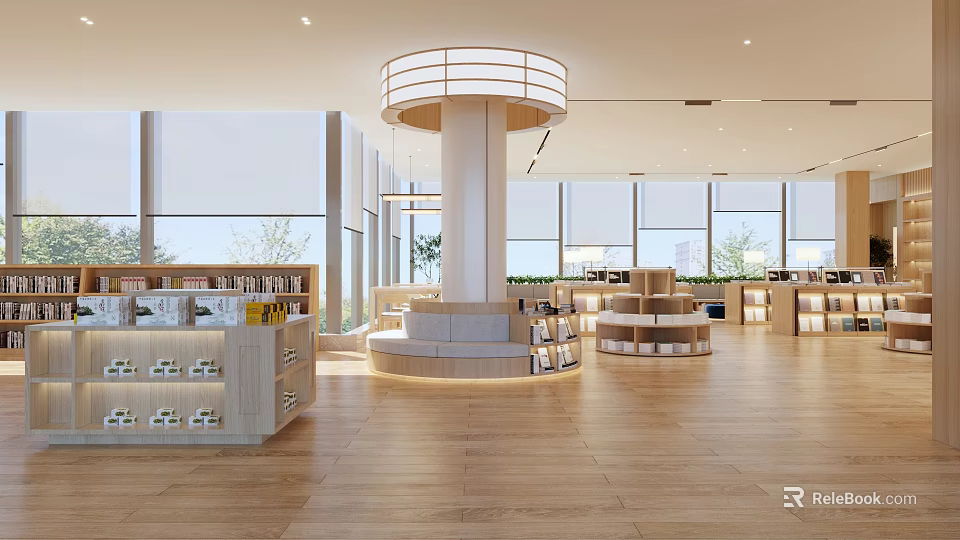 Bookstore Art Interior Design With Wooden Floors And Shelves 3d model 