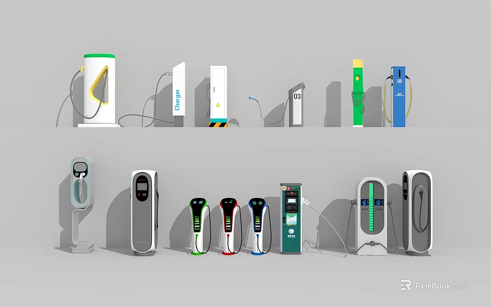 Different Types of Electric Vehicle Chargers with Various Designs and Styles 3d model 