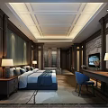 Hotel Guest Room With Wooden Decor Large Bed TV Table Lamps And Carpet