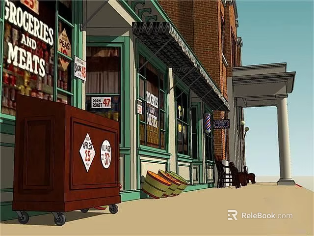 Vintage Groceries And Meats Store Street View With Brick Building Green Frames Wooden Cart 3d model 