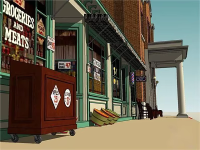 Vintage Groceries And Meats Store Street View With Brick Building Green Frames Wooden Cart 3d model