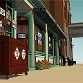 Vintage Groceries And Meats Store Street View With Brick Building Green Frames Wooden Cart