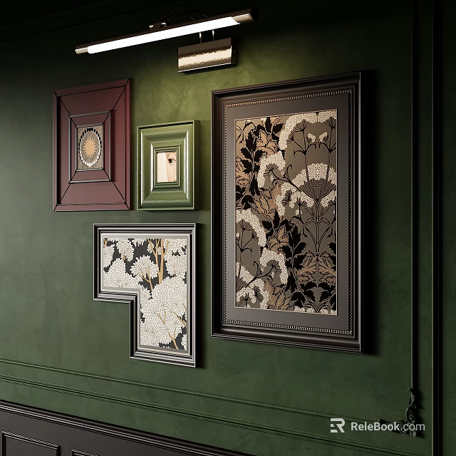 Abstract Paintings Framed on Wall with Different Colored Frames and Floral Patterns 3d model