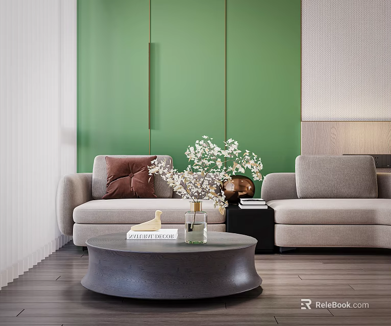 Light Gray Sofa and Round Coffee Table Set with Brown Cushion White Flowers and Green Wall 3d model 