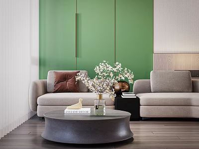 Light Gray Sofa and Round Coffee Table Set with Brown Cushion White Flowers and Green Wall 3d model