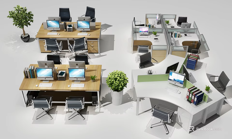 Modern Office Desk Layout With Computers Chairs Potted Plants And Files 3d model