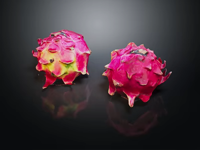 Fresh Pink and Yellow Dragon Fruit on Black Background with Vibrant Colors 3d model