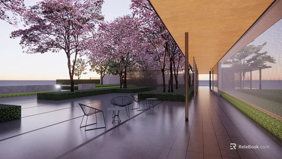 Modern Pergola in Outdoor Garden with Cherry Blossom Trees Gray Stone Floor and Black Chairs 3d model 