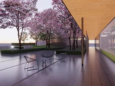 Modern Pergola in Outdoor Garden with Cherry Blossom Trees Gray Stone Floor and Black Chairs 3d model