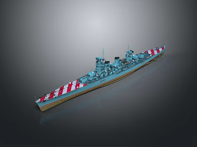 Detailed Warship Model Featuring Red and White Stripes on Bow and Stern with Blue Hull 3d model