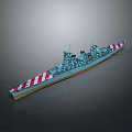 Detailed Warship Model Featuring Red and White Stripes on Bow and Stern with Blue Hull
