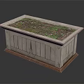 Wooden Striped Garden Planter With Soil and Green Plants On Wooden Base