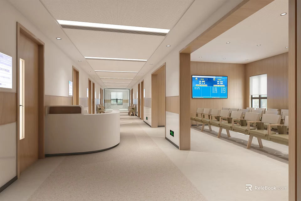 Outpatient Clinic Waiting Area With Modern Interior Design Reception Desk Digital Screens And Chairs 3d model 