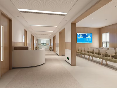 Outpatient Clinic Waiting Area With Modern Interior Design Reception Desk Digital Screens And Chairs 3d model