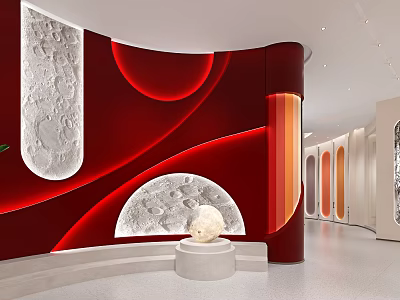 Modern Artistic Boutique Store With Curved Red Walls Moon Texture Decor And White Spherical 3d model