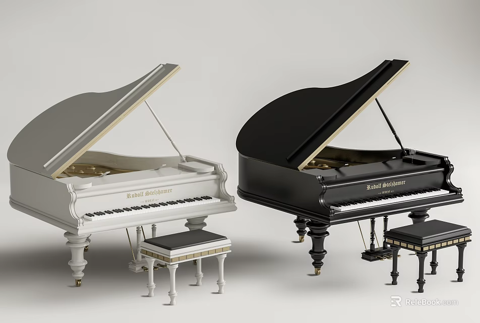 Elegant Paul Schimmel Grand Pianos White Black With Matching Stools Musical Instruments 3d model 