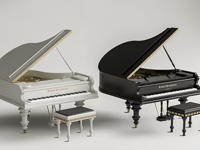 Elegant Paul Schimmel Grand Pianos White Black With Matching Stools Musical Instruments 3d model