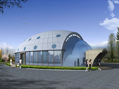 Modern Museum Building Dome Shaped Glass Exterior With Circular Windows Greenery And People Walking Outside 3d model