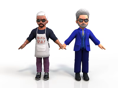 Cartoon Characters With White And Gray Hair Wearing Apron Blue Suit Holding Hands 3d model