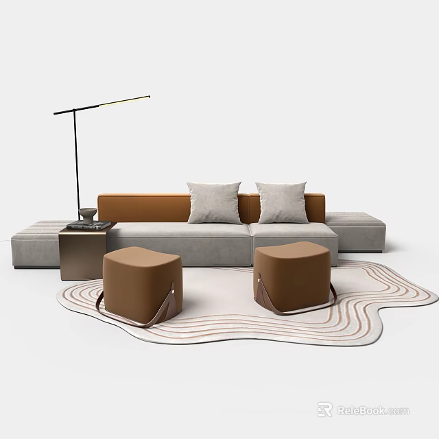 Modern Sofa and Coffee Table Set with Brown Ottomans Floor Lamp and Wavy Rug 3d model 